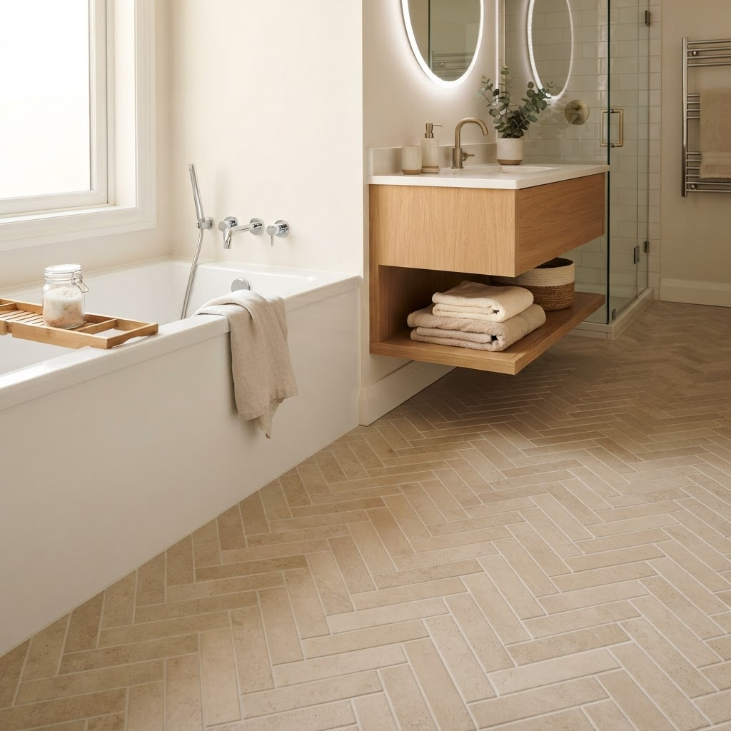 Bathroom floor finished with beige herringbone pattern tiles