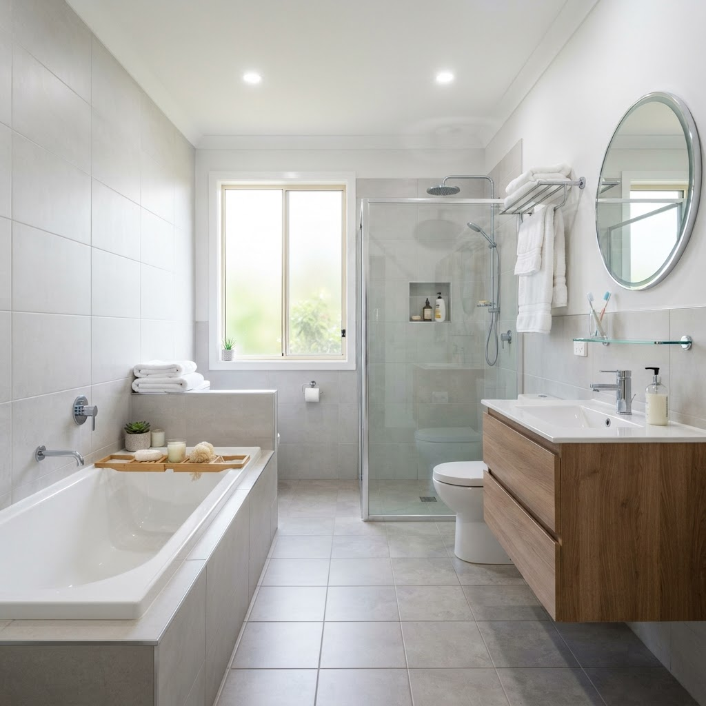 Family bathroom with white bath and separate glass shower enclosure