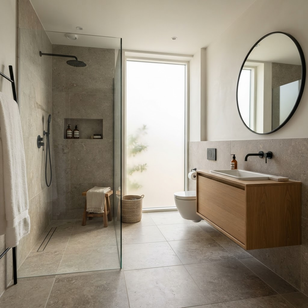 Modern walk-in shower with natural stone tiles