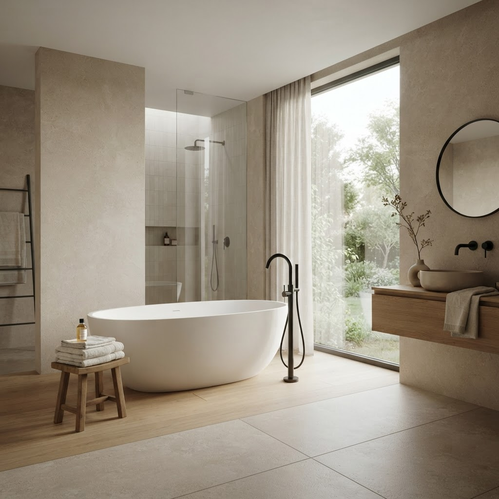 Elegant freestanding bathtub in a neutral bathroom